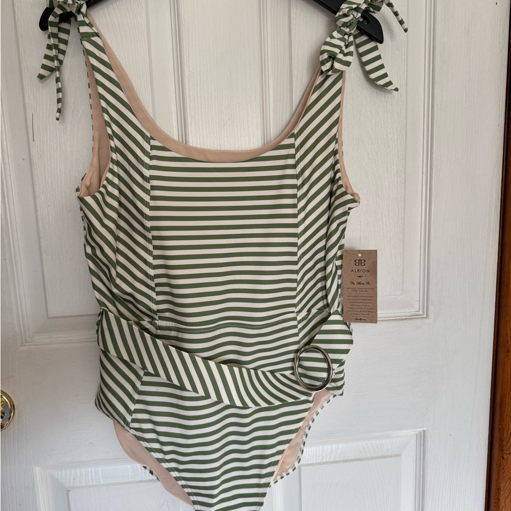 Green and White Striped Swimsuit